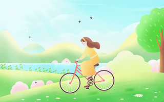 春天女孩骑自行车春游背景GIF动态图